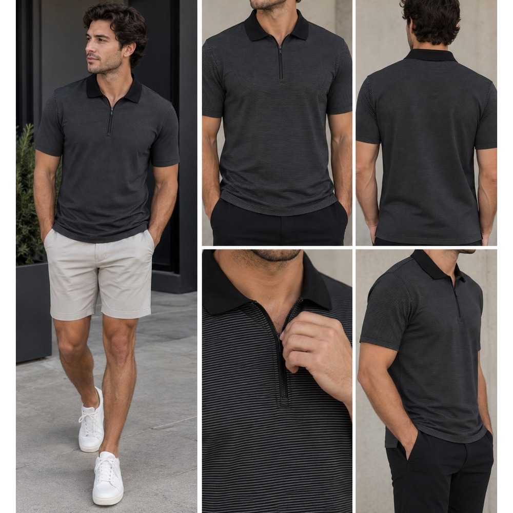 Tahari Mens Quarter Zip Polo Shirt Medium Black Grey Striped Performance Golf